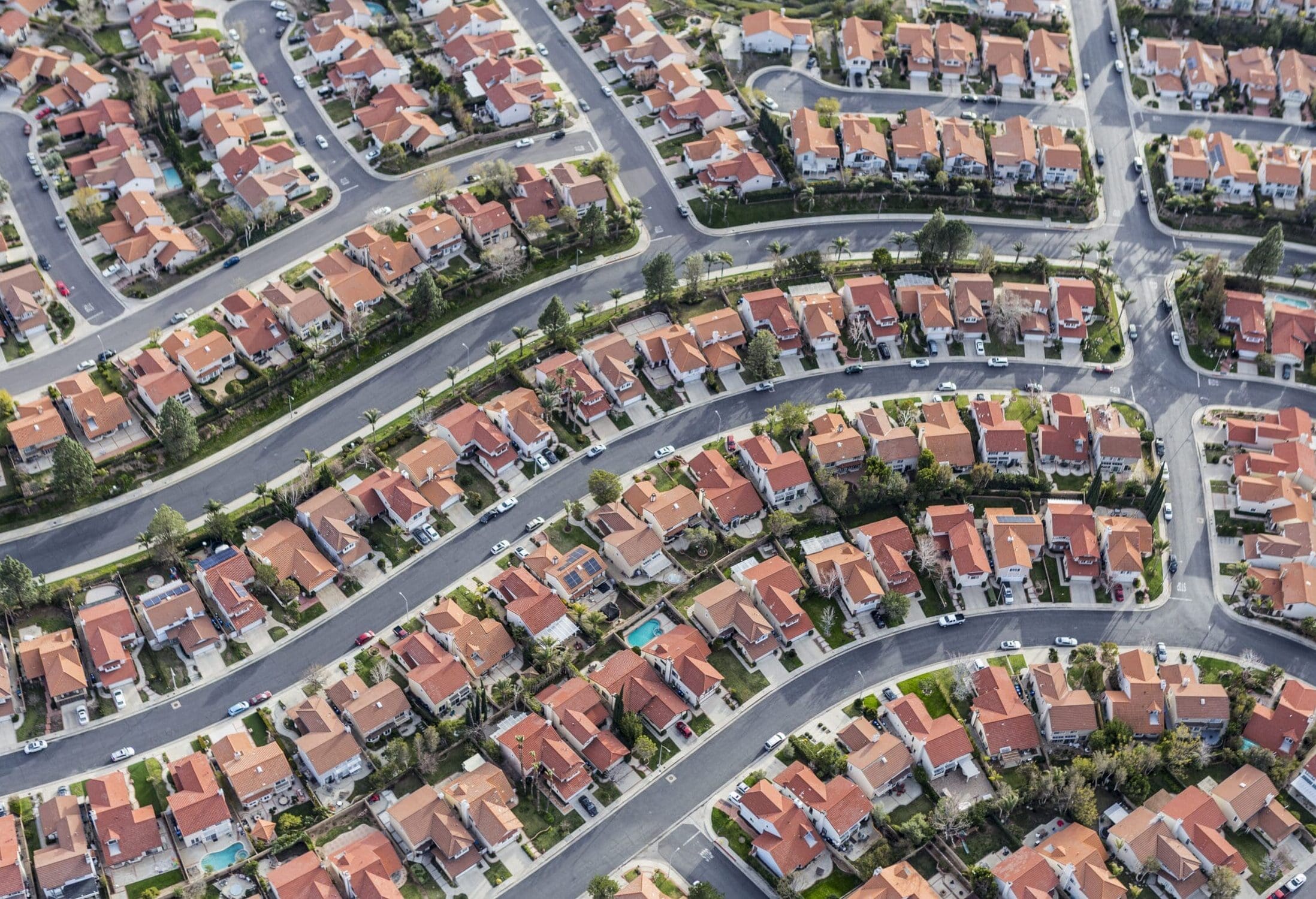 Aerial view of tightly packed homes in the Porter Ranch neighborhood of Los Angeles, California.