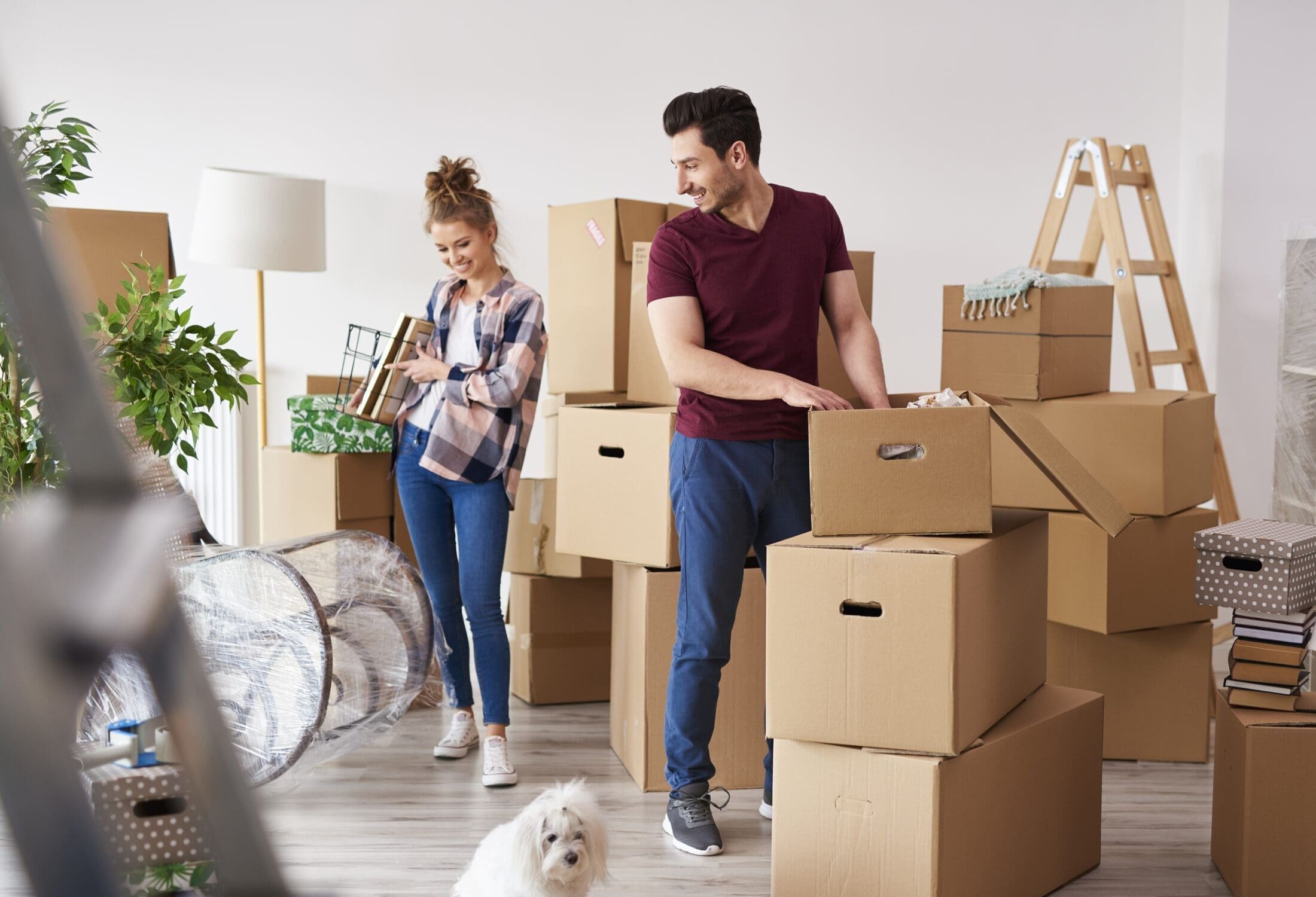 Young couple packing their stuff into boxes